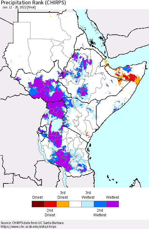 Eastern Africa Precipitation Rank since 1981 (CHIRPS) Thematic Map For 1/11/2022 - 1/20/2022