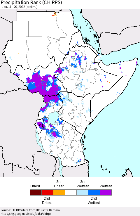 Eastern Africa Precipitation Rank (CHIRPS) Thematic Map For 1/11/2022 - 1/20/2022