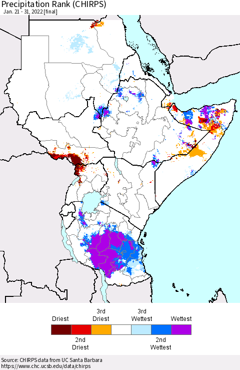 Eastern Africa Precipitation Rank since 1981 (CHIRPS) Thematic Map For 1/21/2022 - 1/31/2022