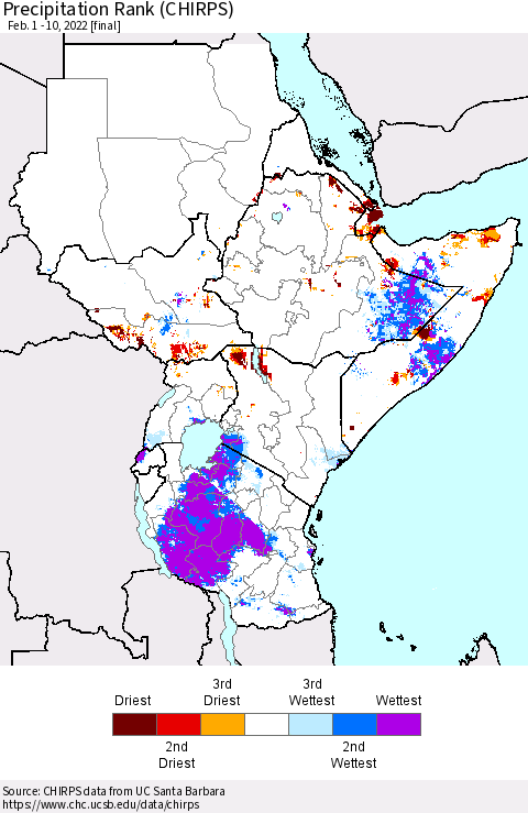 Eastern Africa Precipitation Rank since 1981 (CHIRPS) Thematic Map For 2/1/2022 - 2/10/2022