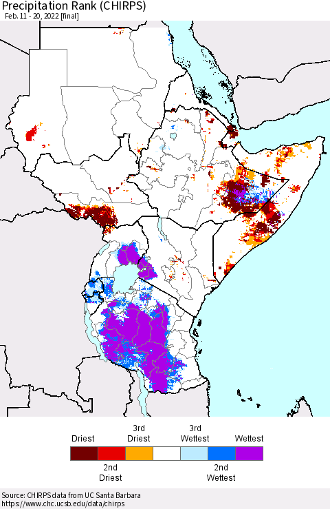 Eastern Africa Precipitation Rank since 1981 (CHIRPS) Thematic Map For 2/11/2022 - 2/20/2022