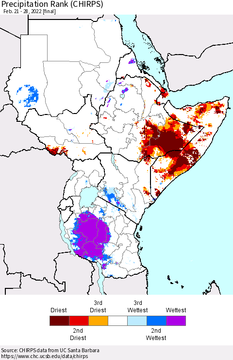 Eastern Africa Precipitation Rank since 1981 (CHIRPS) Thematic Map For 2/21/2022 - 2/28/2022