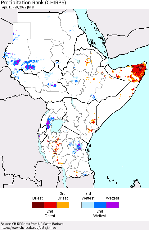 Eastern Africa Precipitation Rank (CHIRPS) Thematic Map For 4/11/2022 - 4/20/2022