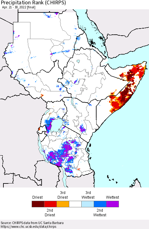 Eastern Africa Precipitation Rank (CHIRPS) Thematic Map For 4/21/2022 - 4/30/2022