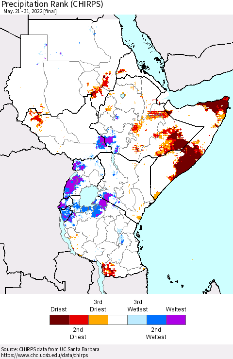 Eastern Africa Precipitation Rank (CHIRPS) Thematic Map For 5/21/2022 - 5/31/2022