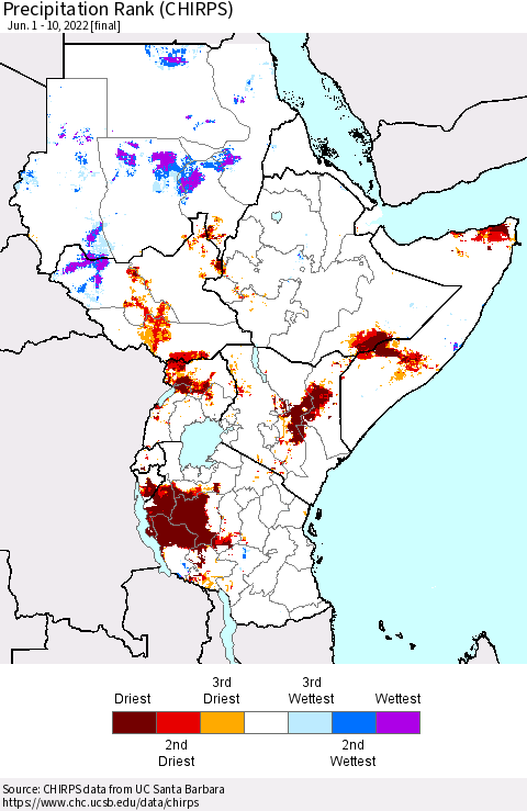 Eastern Africa Precipitation Rank (CHIRPS) Thematic Map For 6/1/2022 - 6/10/2022