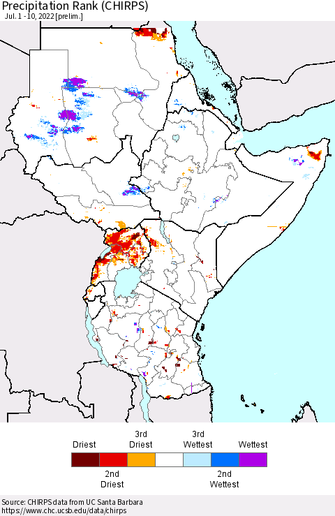 Eastern Africa Precipitation Rank (CHIRPS) Thematic Map For 7/1/2022 - 7/10/2022
