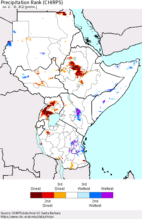 Eastern Africa Precipitation Rank (CHIRPS) Thematic Map For 7/11/2022 - 7/20/2022