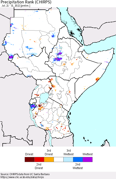 Eastern Africa Precipitation Rank (CHIRPS) Thematic Map For 7/21/2022 - 7/31/2022