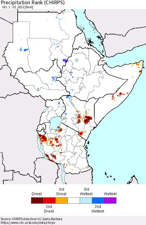 Eastern Africa Precipitation Rank since 1981 (CHIRPS) Thematic Map For 10/1/2022 - 10/10/2022