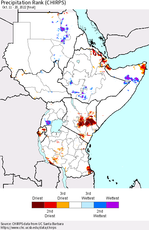 Eastern Africa Precipitation Rank since 1981 (CHIRPS) Thematic Map For 10/11/2022 - 10/20/2022