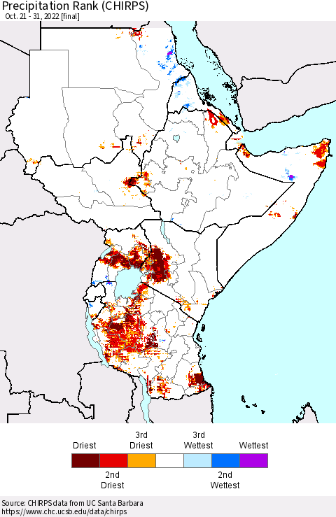 Eastern Africa Precipitation Rank since 1981 (CHIRPS) Thematic Map For 10/21/2022 - 10/31/2022