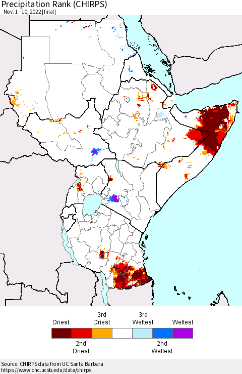 Eastern Africa Precipitation Rank since 1981 (CHIRPS) Thematic Map For 11/1/2022 - 11/10/2022