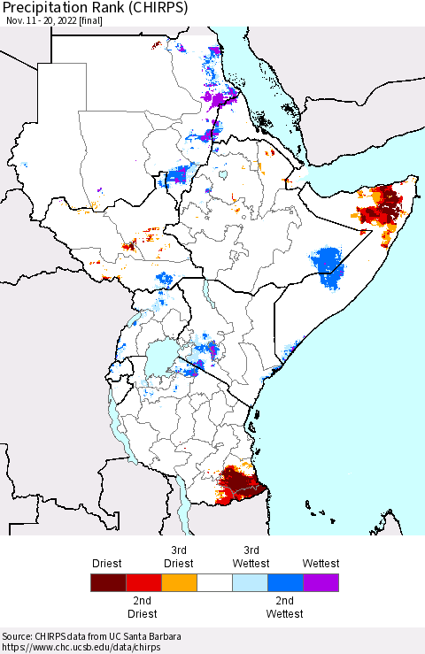 Eastern Africa Precipitation Rank since 1981 (CHIRPS) Thematic Map For 11/11/2022 - 11/20/2022