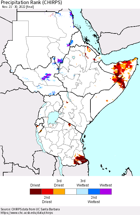 Eastern Africa Precipitation Rank since 1981 (CHIRPS) Thematic Map For 11/21/2022 - 11/30/2022