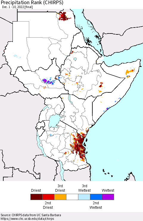 Eastern Africa Precipitation Rank since 1981 (CHIRPS) Thematic Map For 12/1/2022 - 12/10/2022