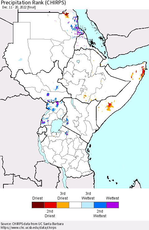 Eastern Africa Precipitation Rank since 1981 (CHIRPS) Thematic Map For 12/11/2022 - 12/20/2022