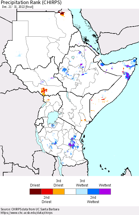 Eastern Africa Precipitation Rank since 1981 (CHIRPS) Thematic Map For 12/21/2022 - 12/31/2022
