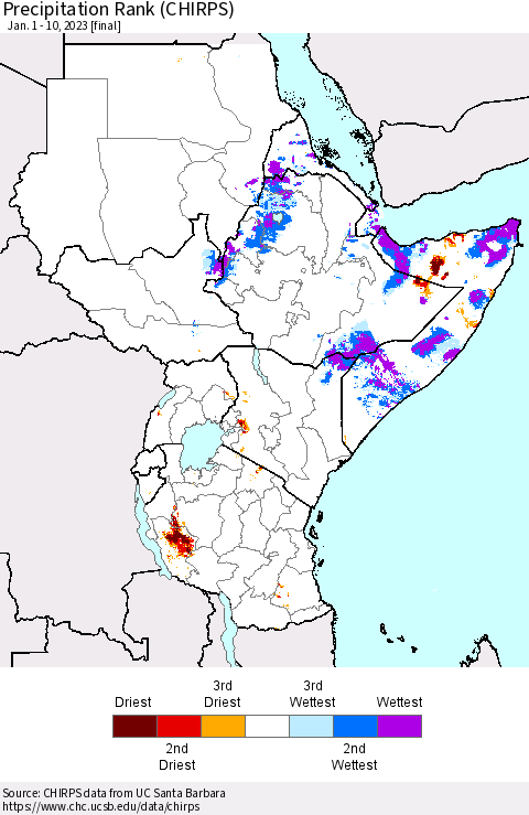 Eastern Africa Precipitation Rank since 1981 (CHIRPS) Thematic Map For 1/1/2023 - 1/10/2023
