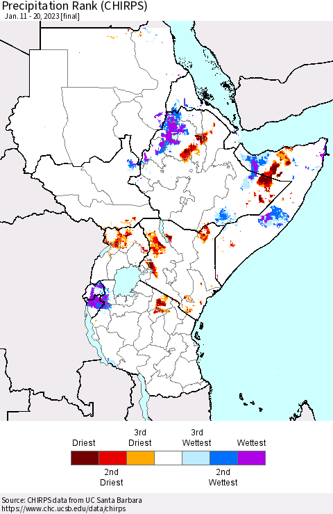 Eastern Africa Precipitation Rank since 1981 (CHIRPS) Thematic Map For 1/11/2023 - 1/20/2023