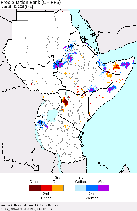 Eastern Africa Precipitation Rank since 1981 (CHIRPS) Thematic Map For 1/21/2023 - 1/31/2023