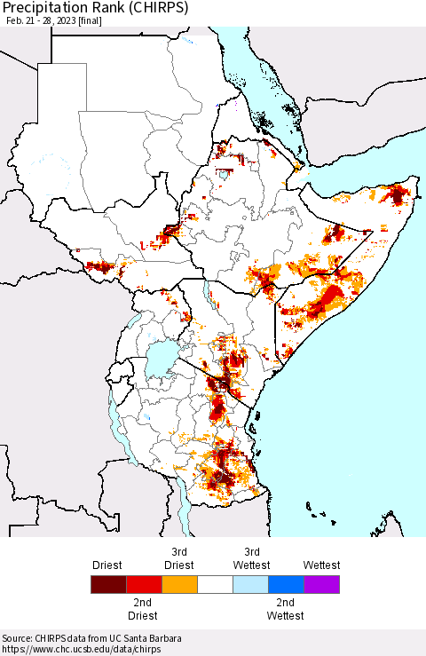 Eastern Africa Precipitation Rank since 1981 (CHIRPS) Thematic Map For 2/21/2023 - 2/28/2023