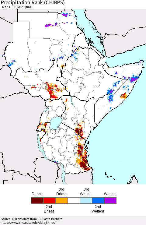 Eastern Africa Precipitation Rank since 1981 (CHIRPS) Thematic Map For 3/1/2023 - 3/10/2023