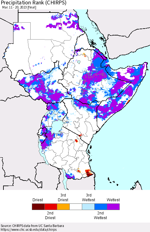 Eastern Africa Precipitation Rank since 1981 (CHIRPS) Thematic Map For 3/11/2023 - 3/20/2023