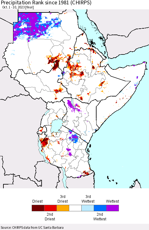 Eastern Africa Precipitation Rank since 1981 (CHIRPS) Thematic Map For 10/1/2023 - 10/10/2023