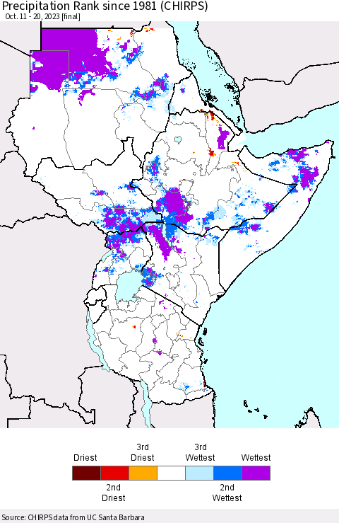 Eastern Africa Precipitation Rank since 1981 (CHIRPS) Thematic Map For 10/11/2023 - 10/20/2023