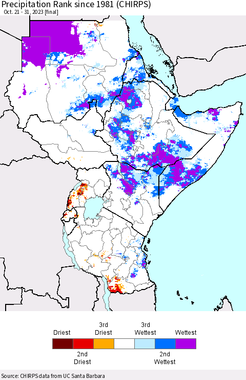 Eastern Africa Precipitation Rank since 1981 (CHIRPS) Thematic Map For 10/21/2023 - 10/31/2023