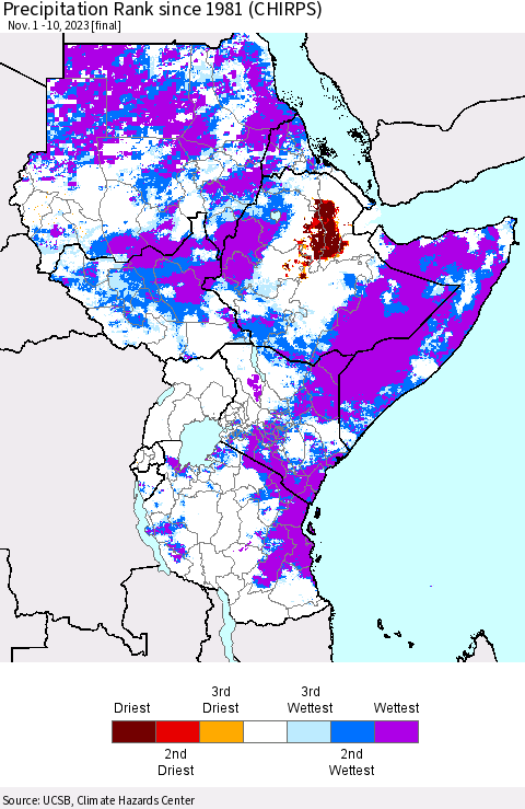 Eastern Africa Precipitation Rank since 1981 (CHIRPS) Thematic Map For 11/1/2023 - 11/10/2023