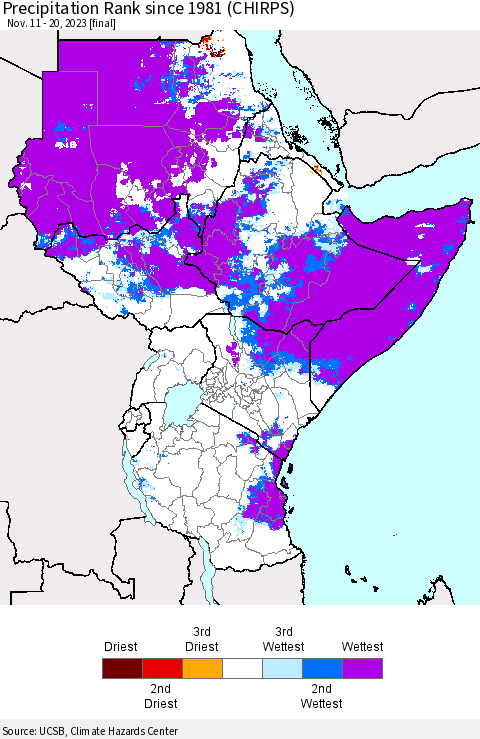 Eastern Africa Precipitation Rank since 1981 (CHIRPS) Thematic Map For 11/11/2023 - 11/20/2023