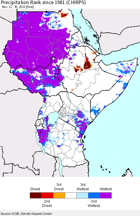 Eastern Africa Precipitation Rank since 1981 (CHIRPS) Thematic Map For 11/21/2023 - 11/30/2023