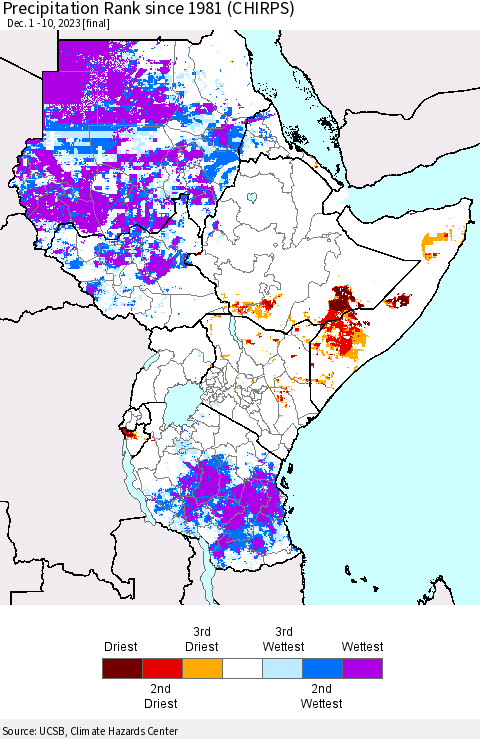 Eastern Africa Precipitation Rank since 1981 (CHIRPS) Thematic Map For 12/1/2023 - 12/10/2023