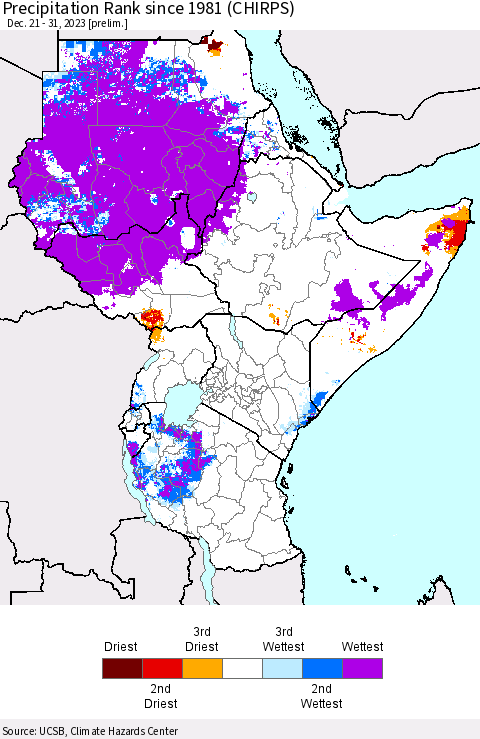 Eastern Africa Precipitation Rank since 1981 (CHIRPS) Thematic Map For 12/21/2023 - 12/31/2023