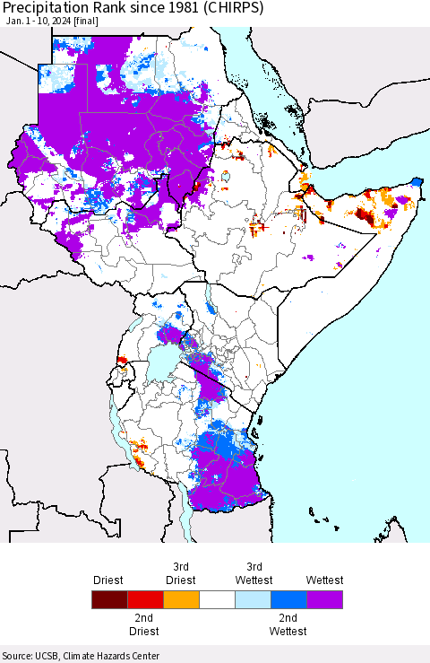 Eastern Africa Precipitation Rank since 1981 (CHIRPS) Thematic Map For 1/1/2024 - 1/10/2024
