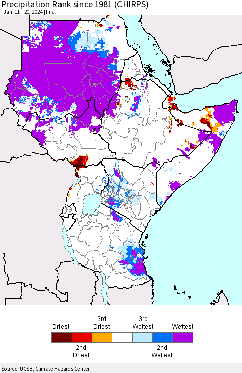 Eastern Africa Precipitation Rank since 1981 (CHIRPS) Thematic Map For 1/11/2024 - 1/20/2024