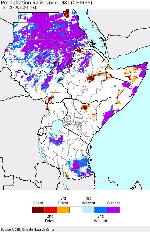 Eastern Africa Precipitation Rank since 1981 (CHIRPS) Thematic Map For 1/21/2024 - 1/31/2024