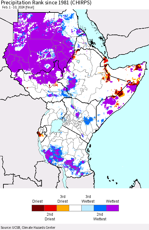Eastern Africa Precipitation Rank since 1981 (CHIRPS) Thematic Map For 2/1/2024 - 2/10/2024