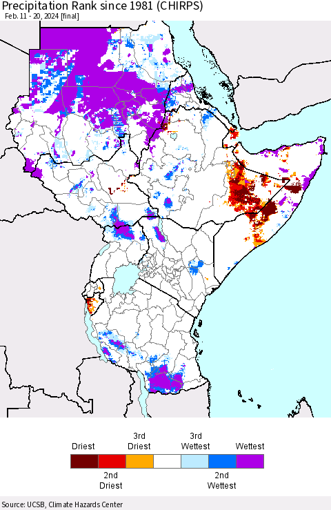 Eastern Africa Precipitation Rank since 1981 (CHIRPS) Thematic Map For 2/11/2024 - 2/20/2024
