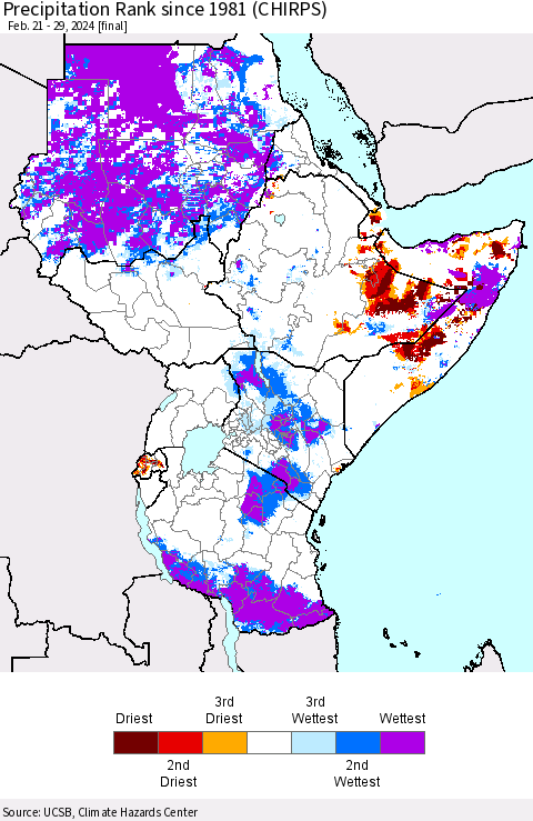 Eastern Africa Precipitation Rank since 1981 (CHIRPS) Thematic Map For 2/21/2024 - 2/29/2024