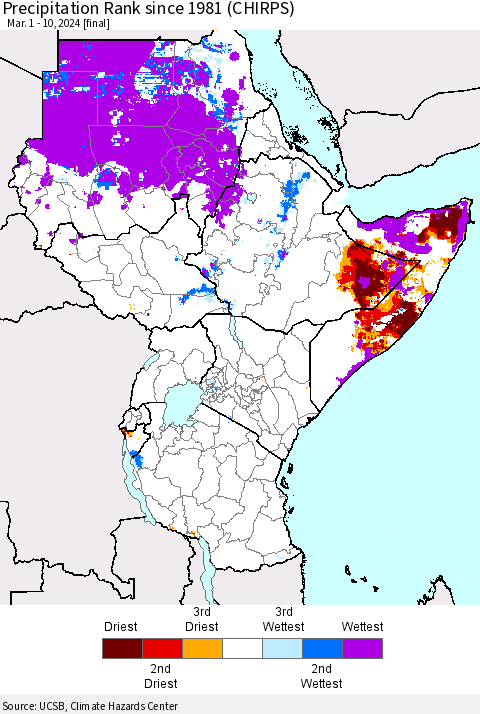 Eastern Africa Precipitation Rank since 1981 (CHIRPS) Thematic Map For 3/1/2024 - 3/10/2024