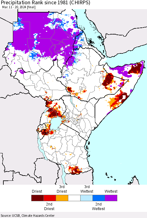Eastern Africa Precipitation Rank since 1981 (CHIRPS) Thematic Map For 3/11/2024 - 3/20/2024