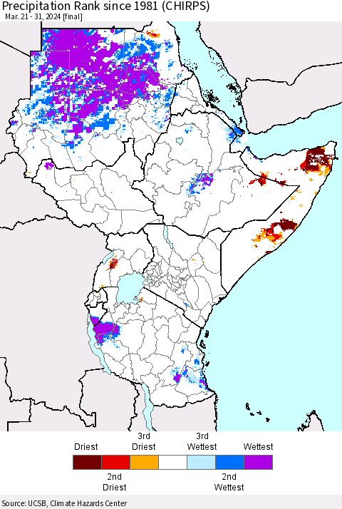Eastern Africa Precipitation Rank since 1981 (CHIRPS) Thematic Map For 3/21/2024 - 3/31/2024