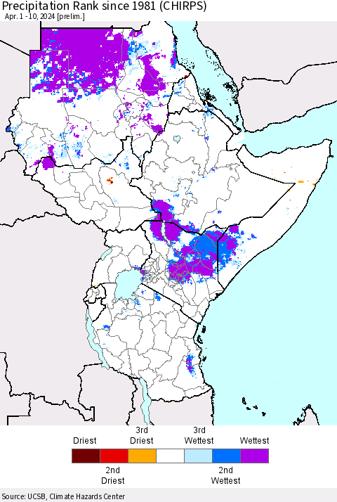 Eastern Africa Precipitation Rank since 1981 (CHIRPS) Thematic Map For 4/1/2024 - 4/10/2024