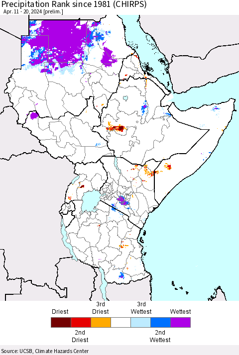 Eastern Africa Precipitation Rank since 1981 (CHIRPS) Thematic Map For 4/11/2024 - 4/20/2024