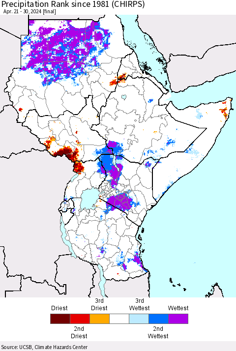Eastern Africa Precipitation Rank since 1981 (CHIRPS) Thematic Map For 4/21/2024 - 4/30/2024