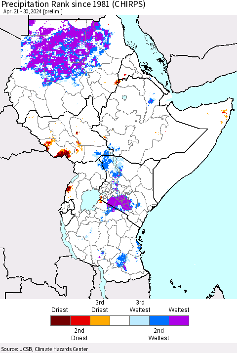 Eastern Africa Precipitation Rank since 1981 (CHIRPS) Thematic Map For 4/21/2024 - 4/30/2024
