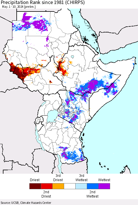 Eastern Africa Precipitation Rank since 1981 (CHIRPS) Thematic Map For 5/1/2024 - 5/10/2024